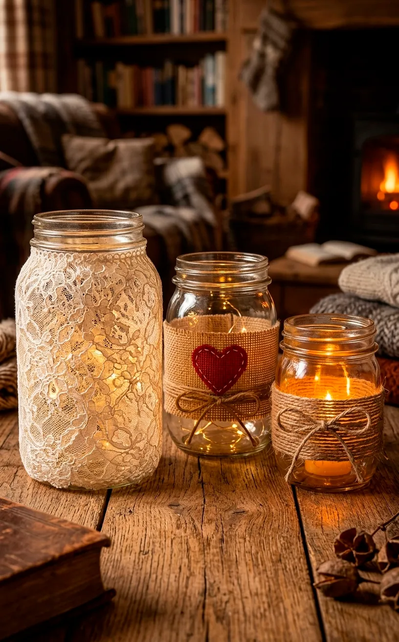 Group of decorated mason jar lanterns with warm interior lighting on a wood surface.