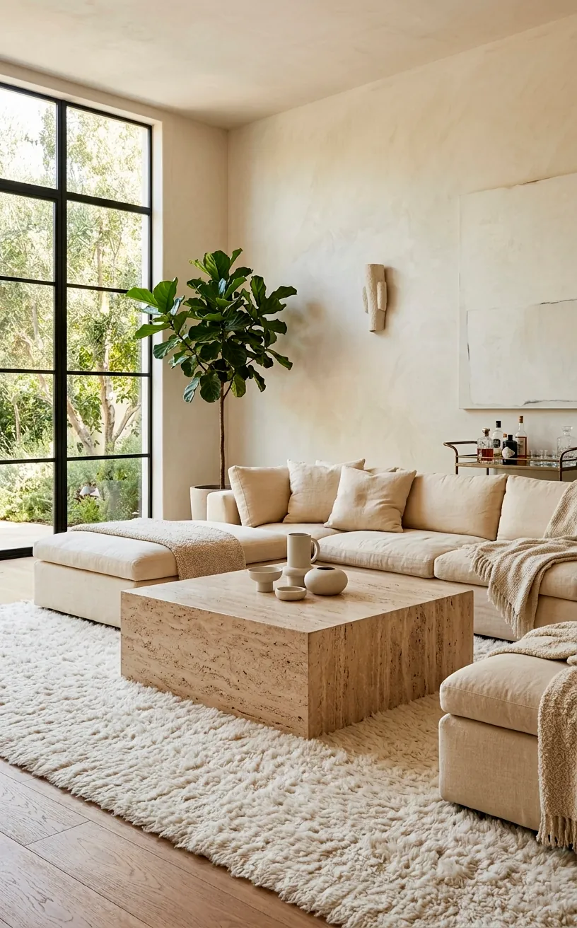 Solid travertine block coffee table in a bright minimalist living room.