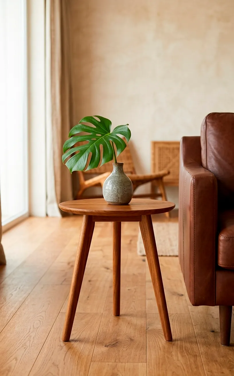 Sleek teak wood side table with tapered legs next to a mid-century leather chair.