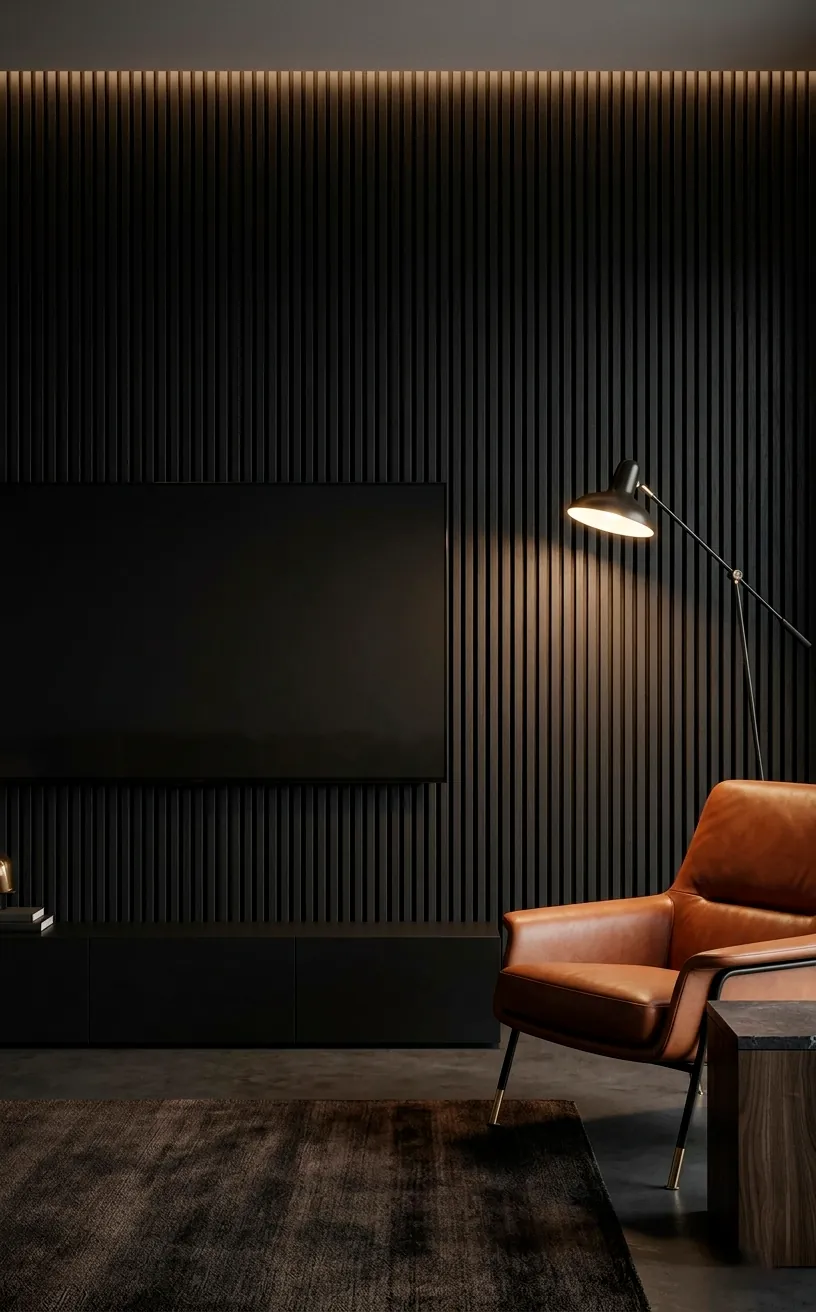 Modern living room with a matte black vertical slat accent wall and mounted TV.