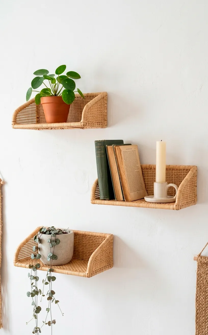 Three floating rattan wall shelves decorated with plants and books on a white wall.