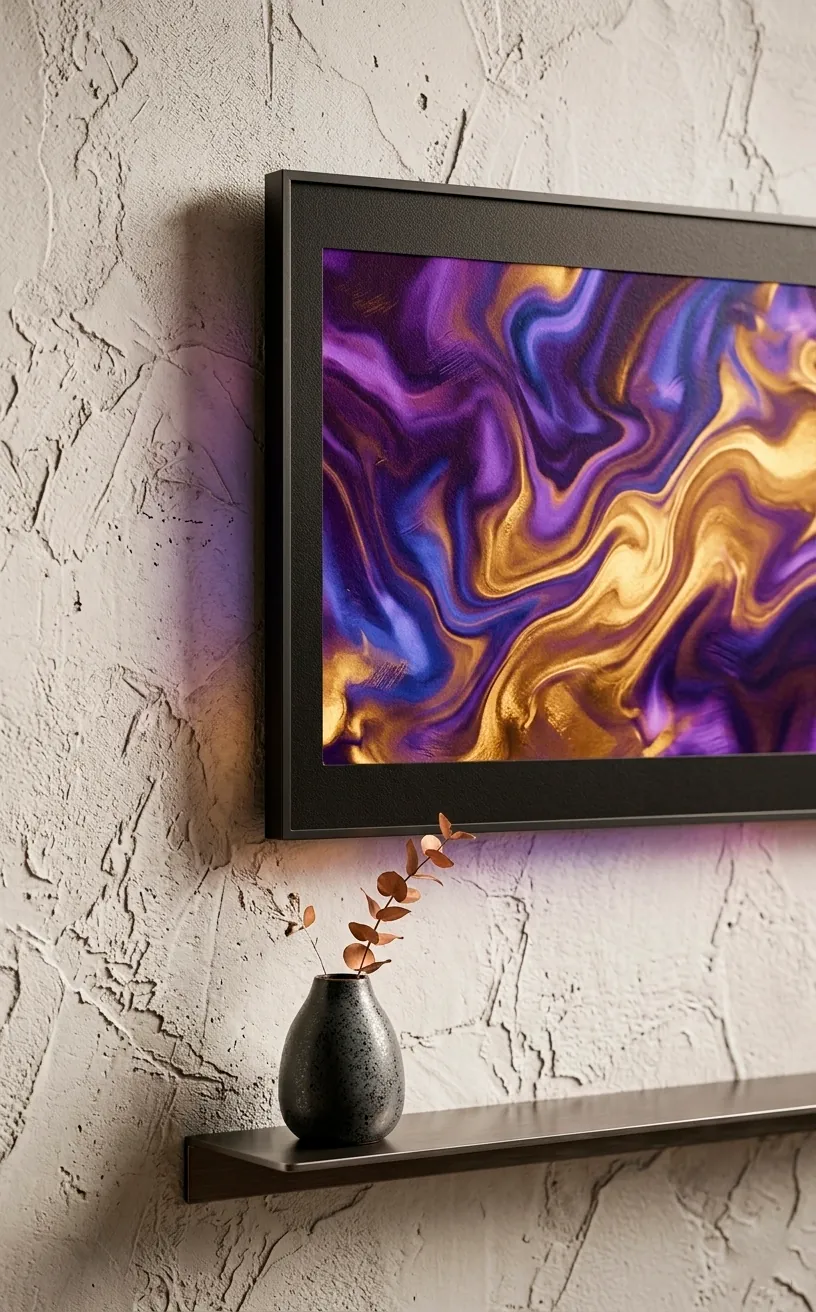 Sleek digital art frame displaying abstract visuals on a modern textured wall.