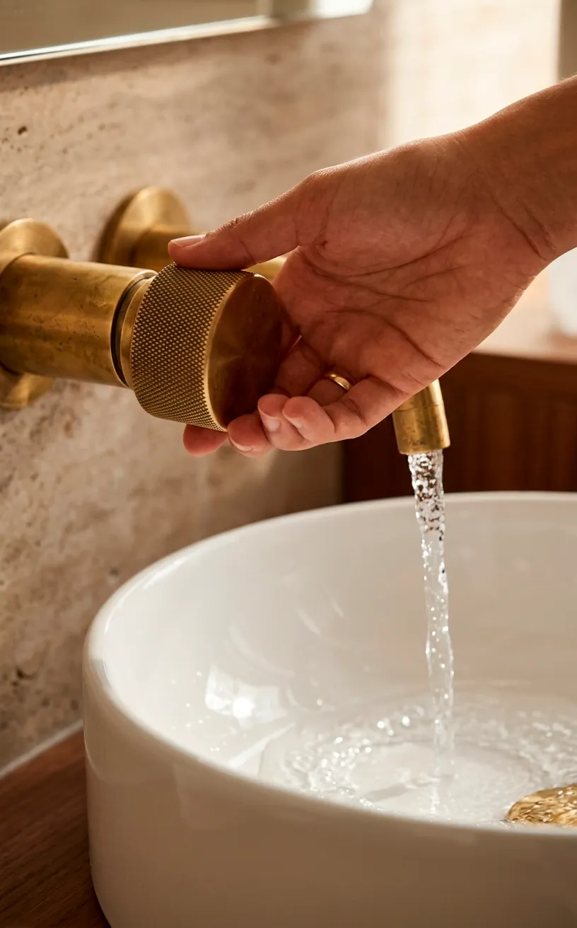 Detail of a luxury brass faucet handle with knurled texture in a high-end bathroom.