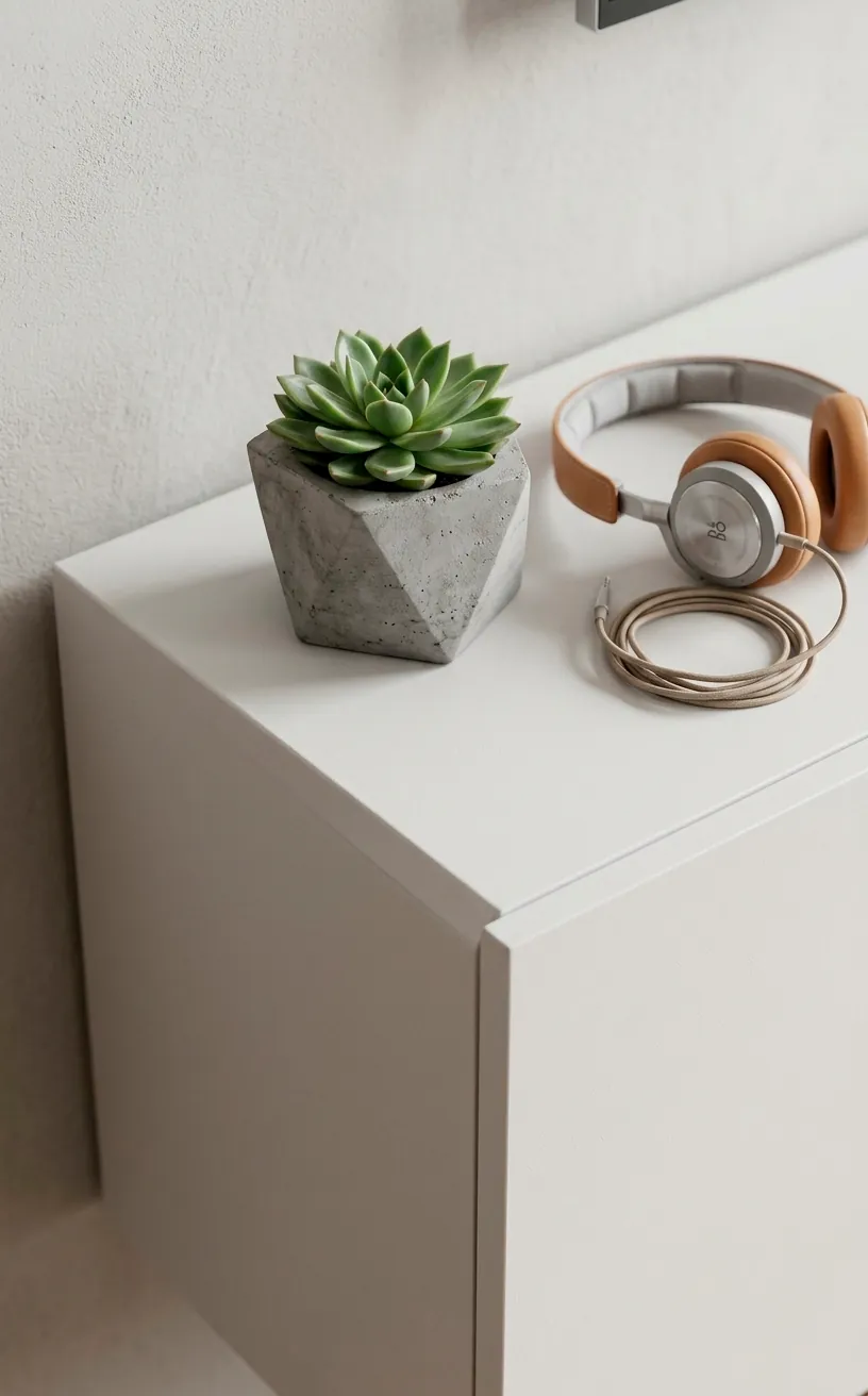 Detail of a floating cabinet surface with a succulent and books.