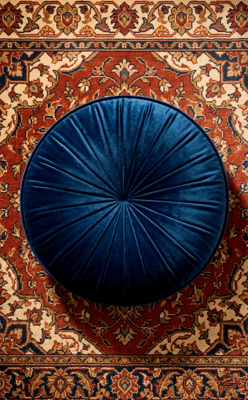 Top view of a circular navy velvet throw pillow showing pleated details and rich color.