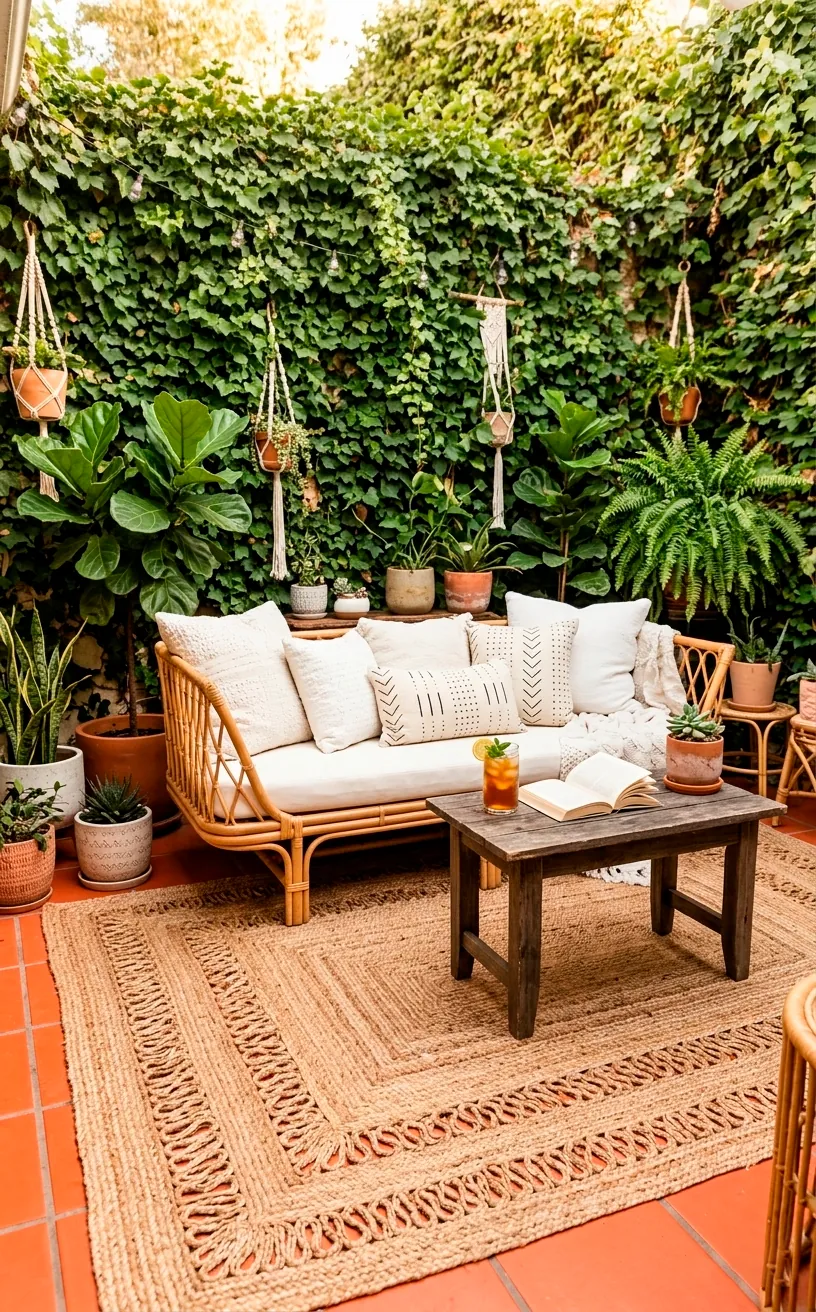 Boho patio design featuring layered jute rugs over terracotta tiles and rattan furniture.