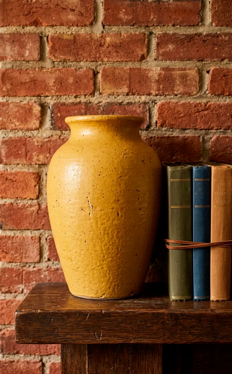 Large mustard yellow ceramic vase on a dark wood fireplace mantle.