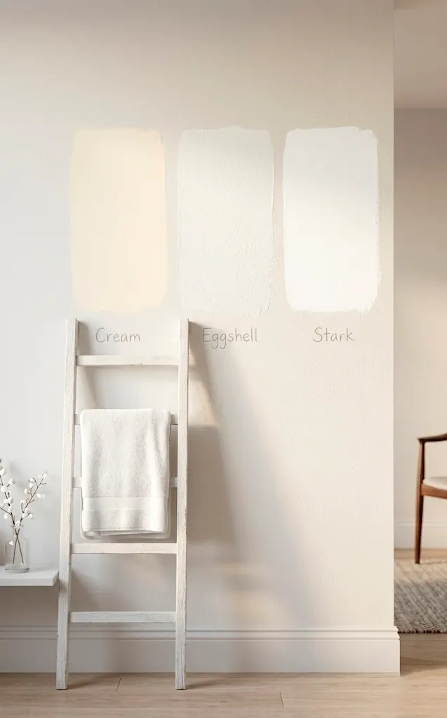 Comparison of different white paint shades on a minimalist bedroom wall under natural sunlight.