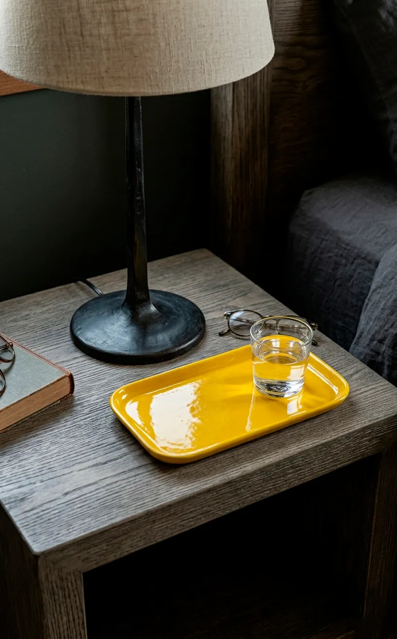 Sleek grey metal lamp on a bedside table with a small yellow accent tray.