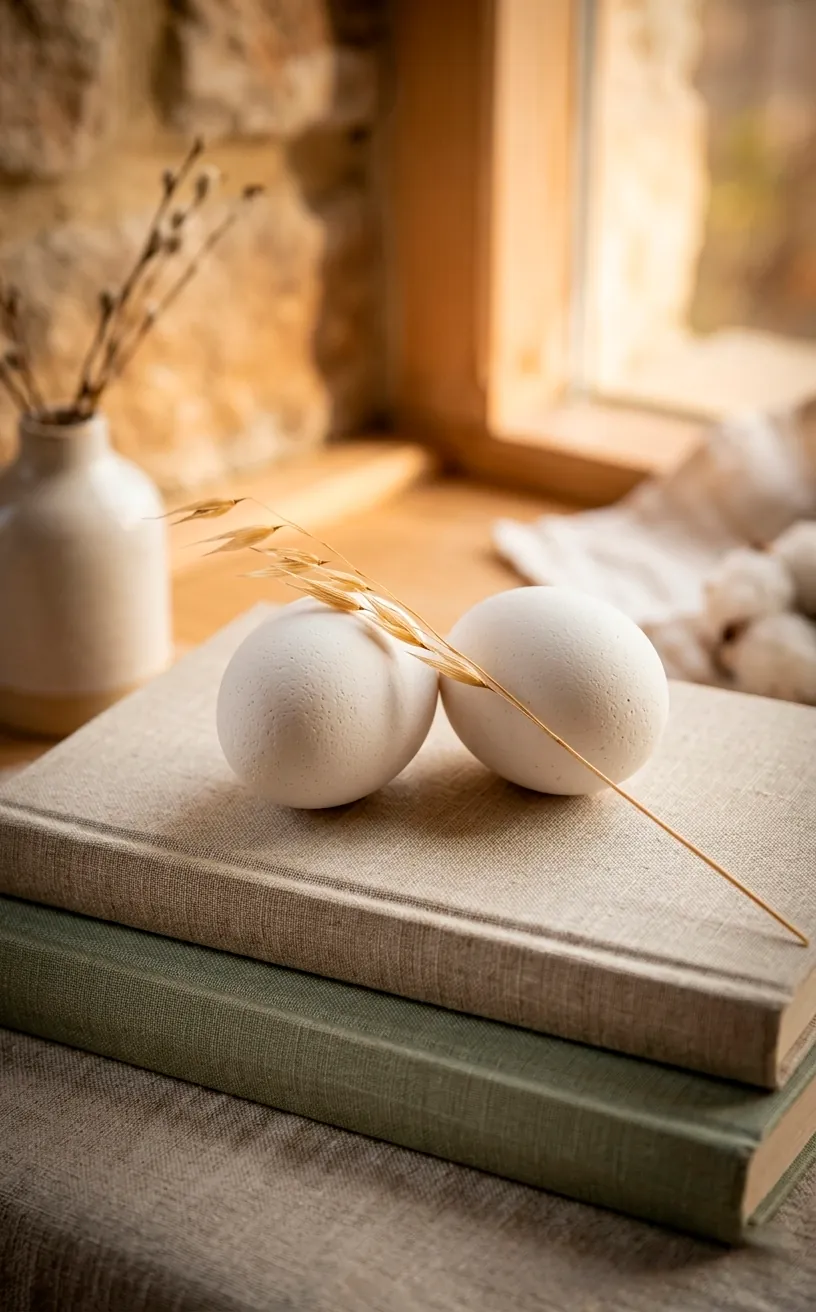 Detailed view of matte ceramic eggs and linen books in a minimalist interior setting.