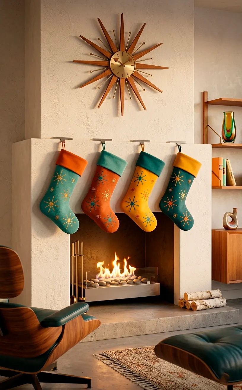 Colorful mid-century modern stockings with atomic starburst patterns hanging on a fireplace.