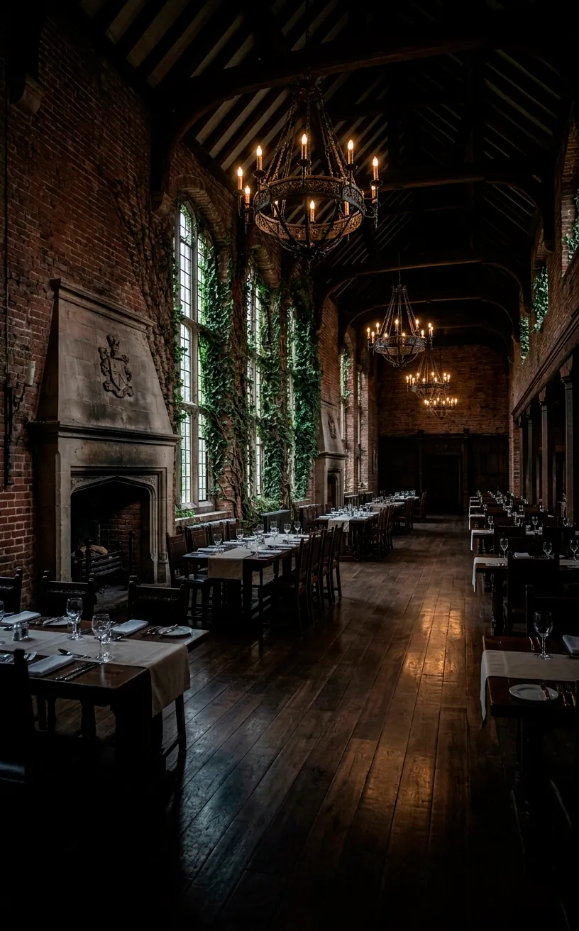 A moody wedding reception hall in a historic mansion with stone fireplaces and iron chandeliers.