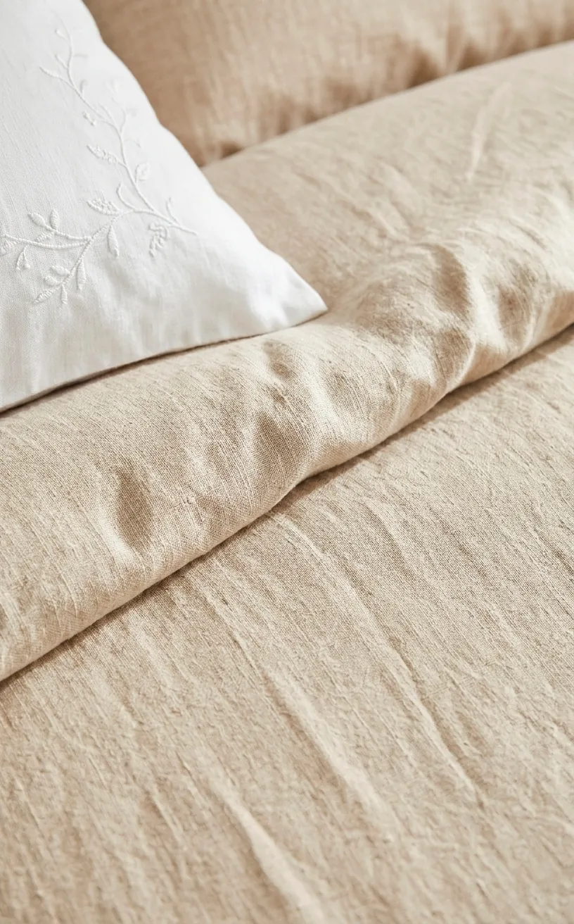 Detail shot of high-quality sandy beige linen bedding texture.