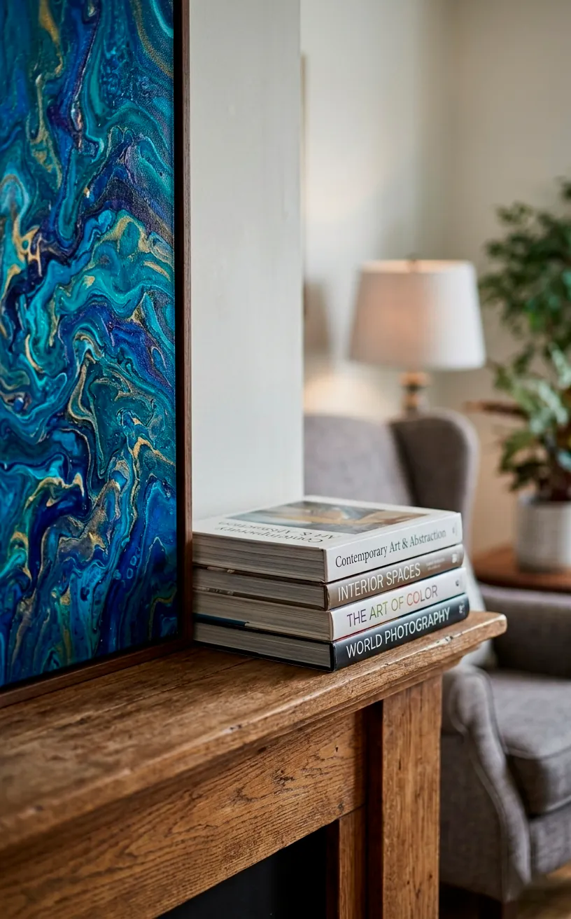 Vignette of blue abstract art and books on a fireplace mantel.