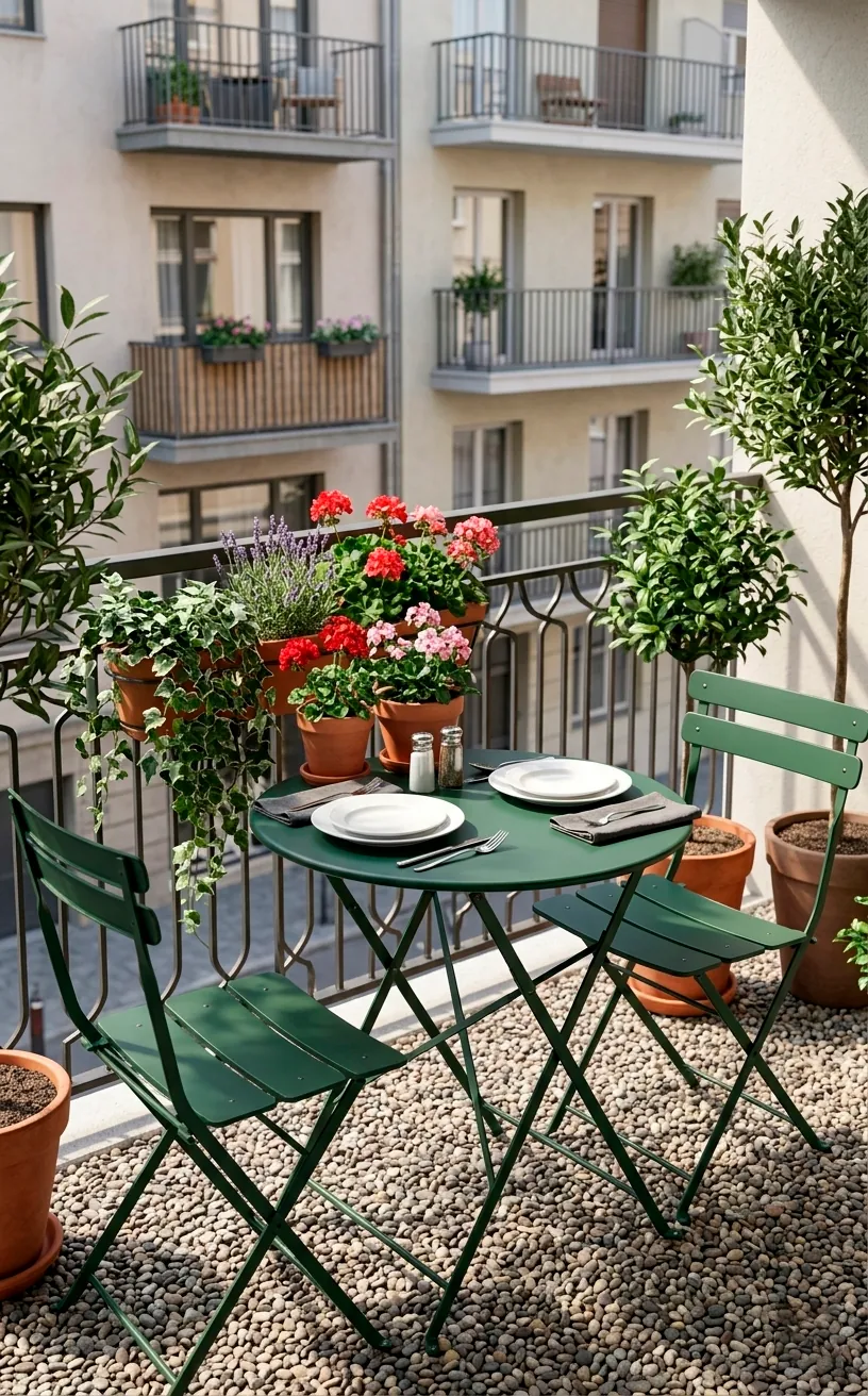 A green metal folding bistro set on a small apartment balcony styled for a romantic lunch.