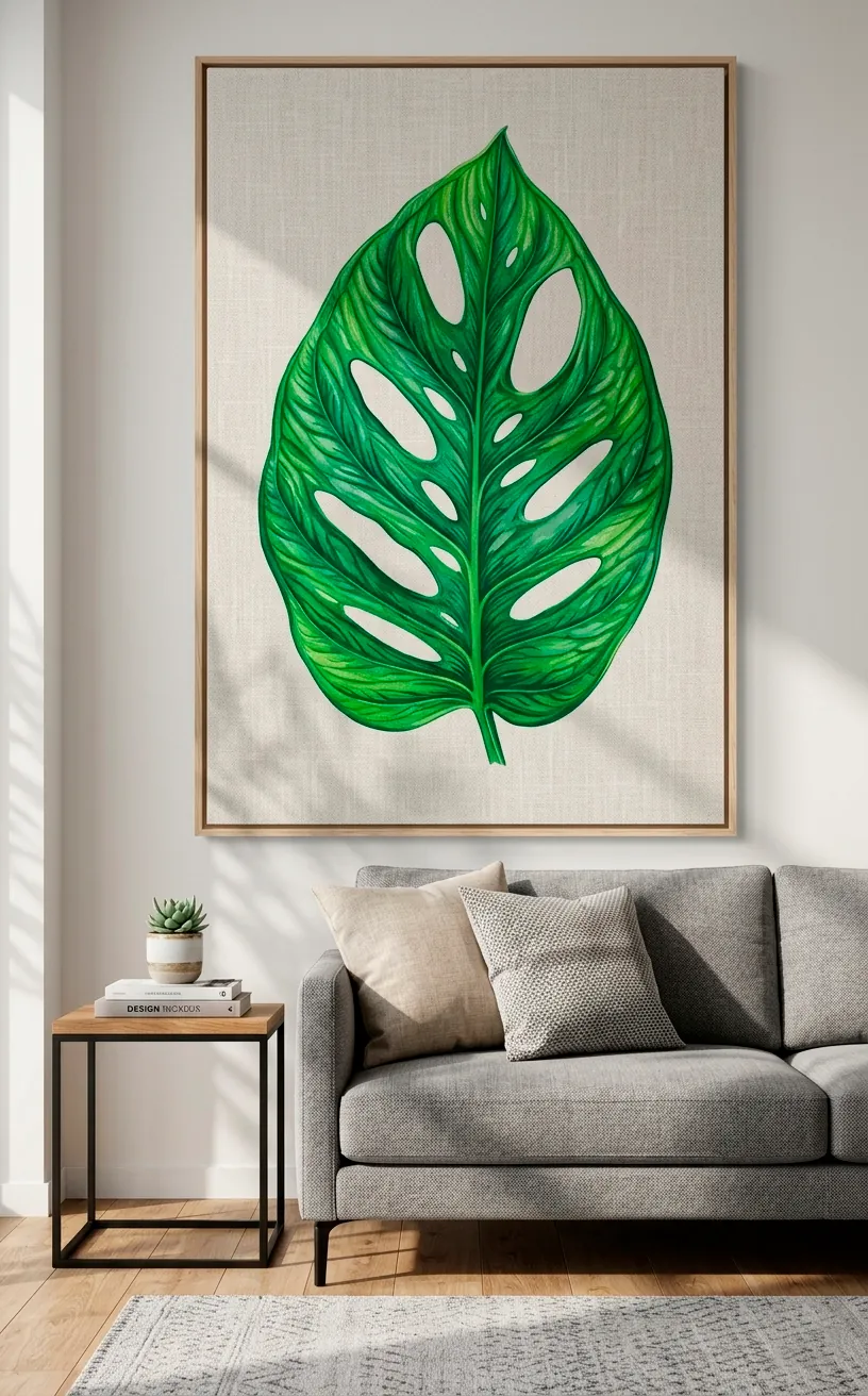Large oversized Monstera leaf canvas print hanging above a modern gray sofa in a sunny room.