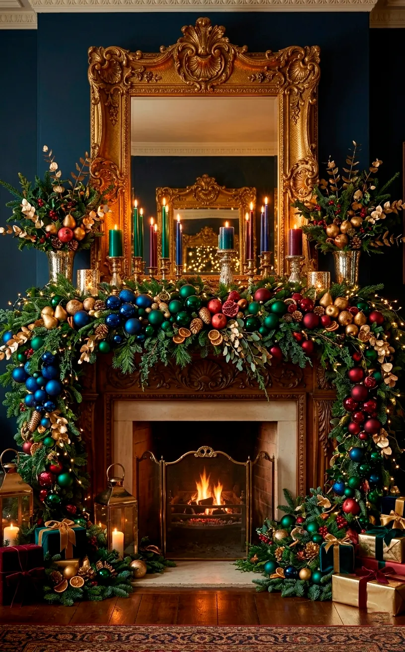 Maximalist holiday mantel overflowing with emerald, sapphire, and gold jewel-toned decorations.
