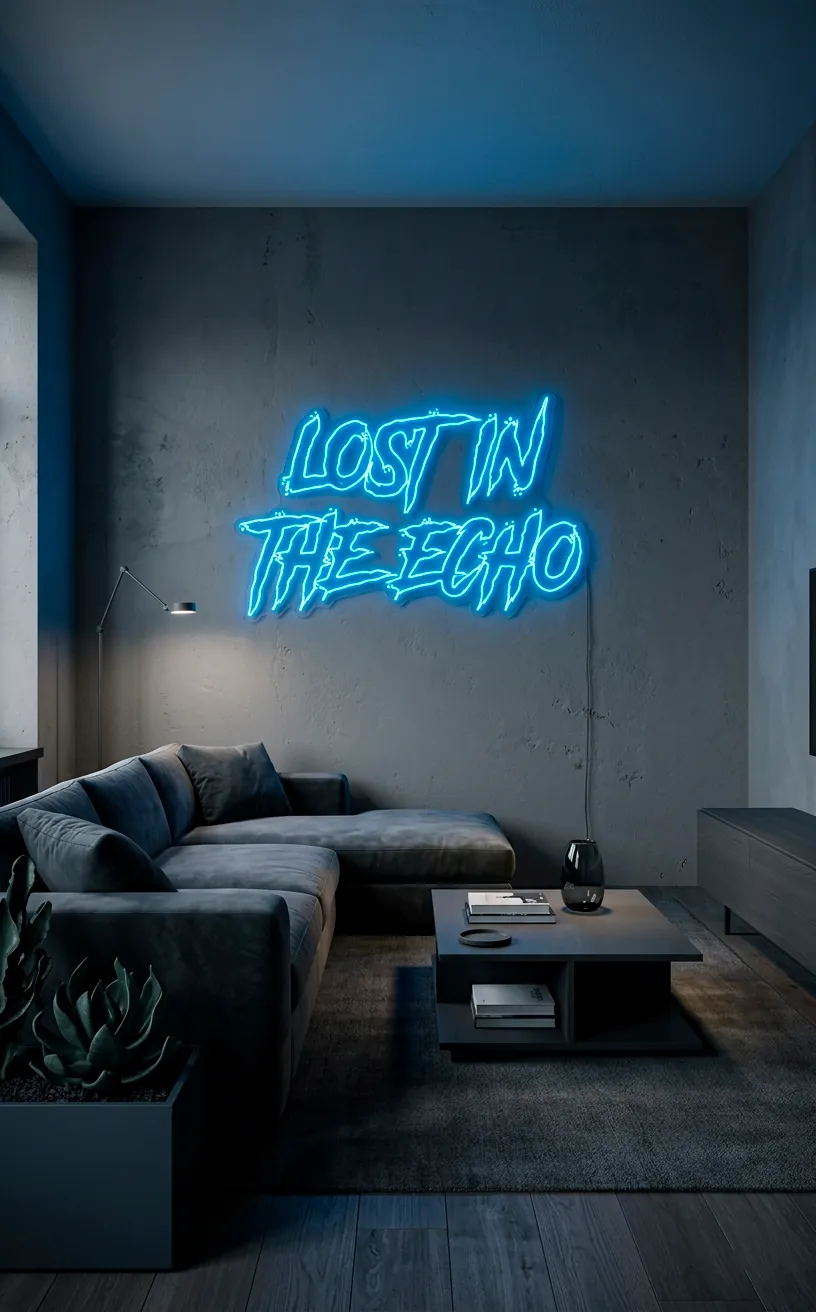 Moody gray living room featuring a vibrant blue neon wall sign.