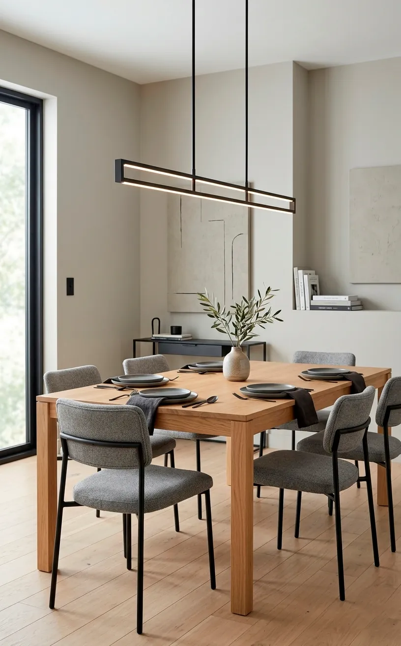 Modern greige dining room with matte black accents and oak table.