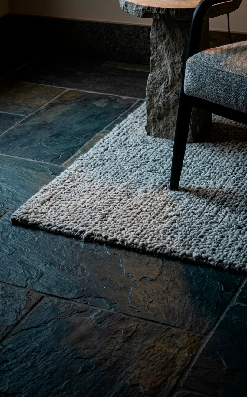 Slate tile floor with a light grey wool rug in a modern reading nook.