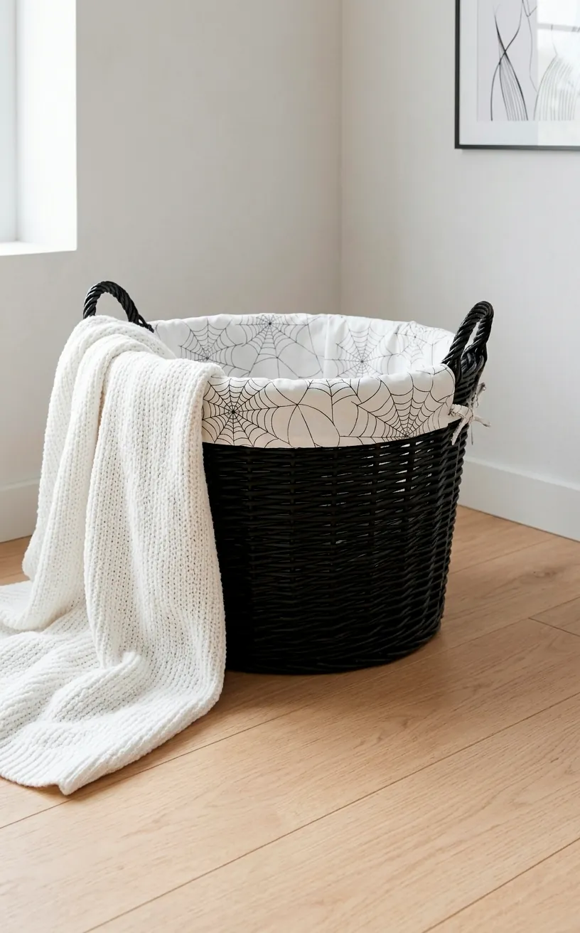 Black woven basket with spider web liner and white knit blanket on a wood floor