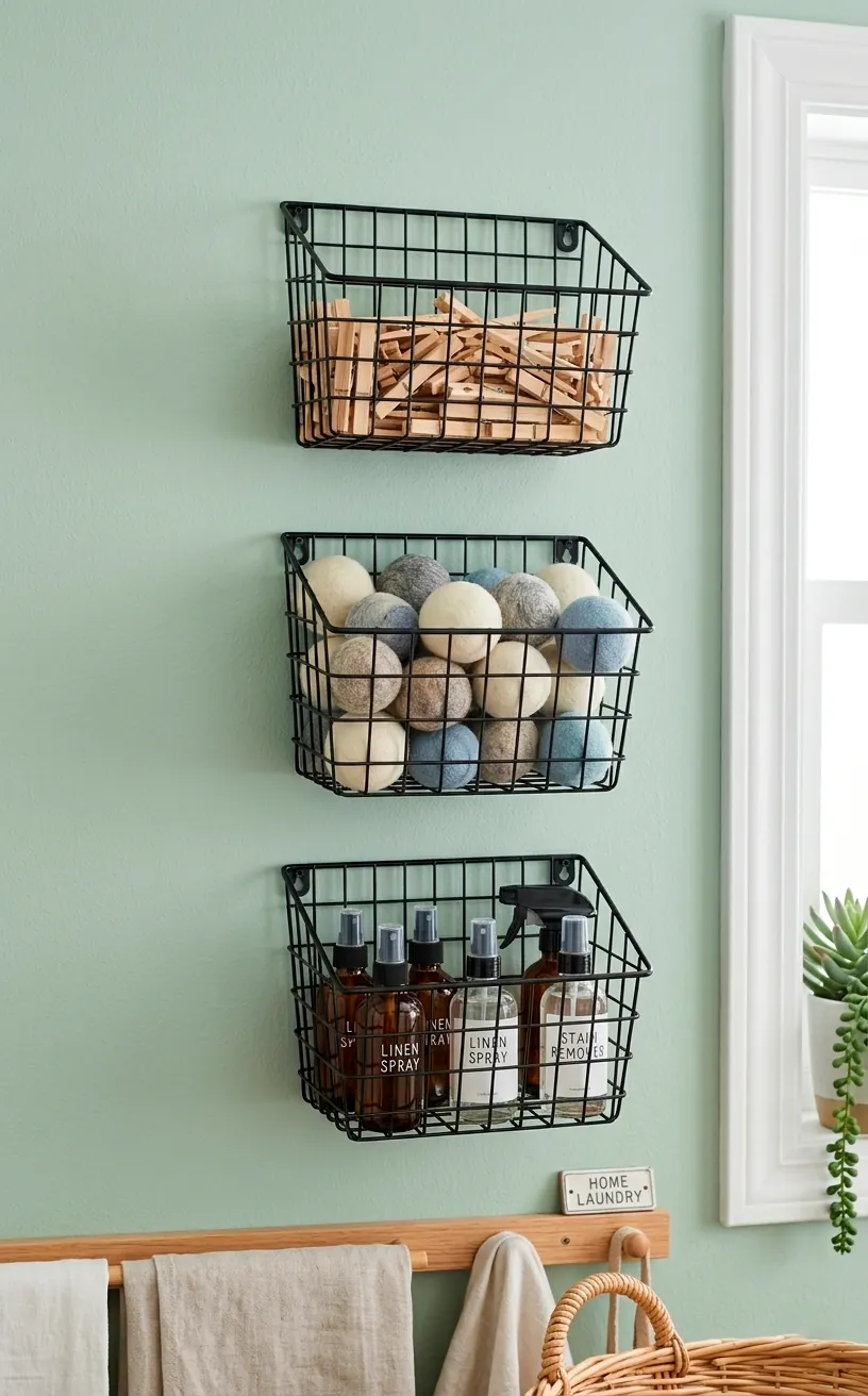 Wall-mounted black wire storage bins organizing small laundry items.