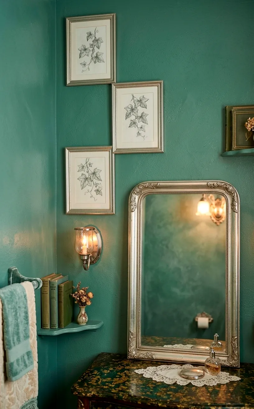 Ivy graphite sketches cascading on a sea-foam green bathroom wall.