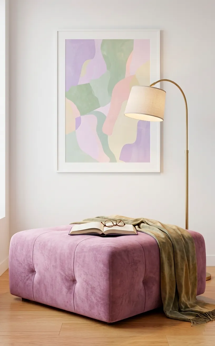 Orchid-colored square ottoman used as a reading seat with a brass floor lamp.