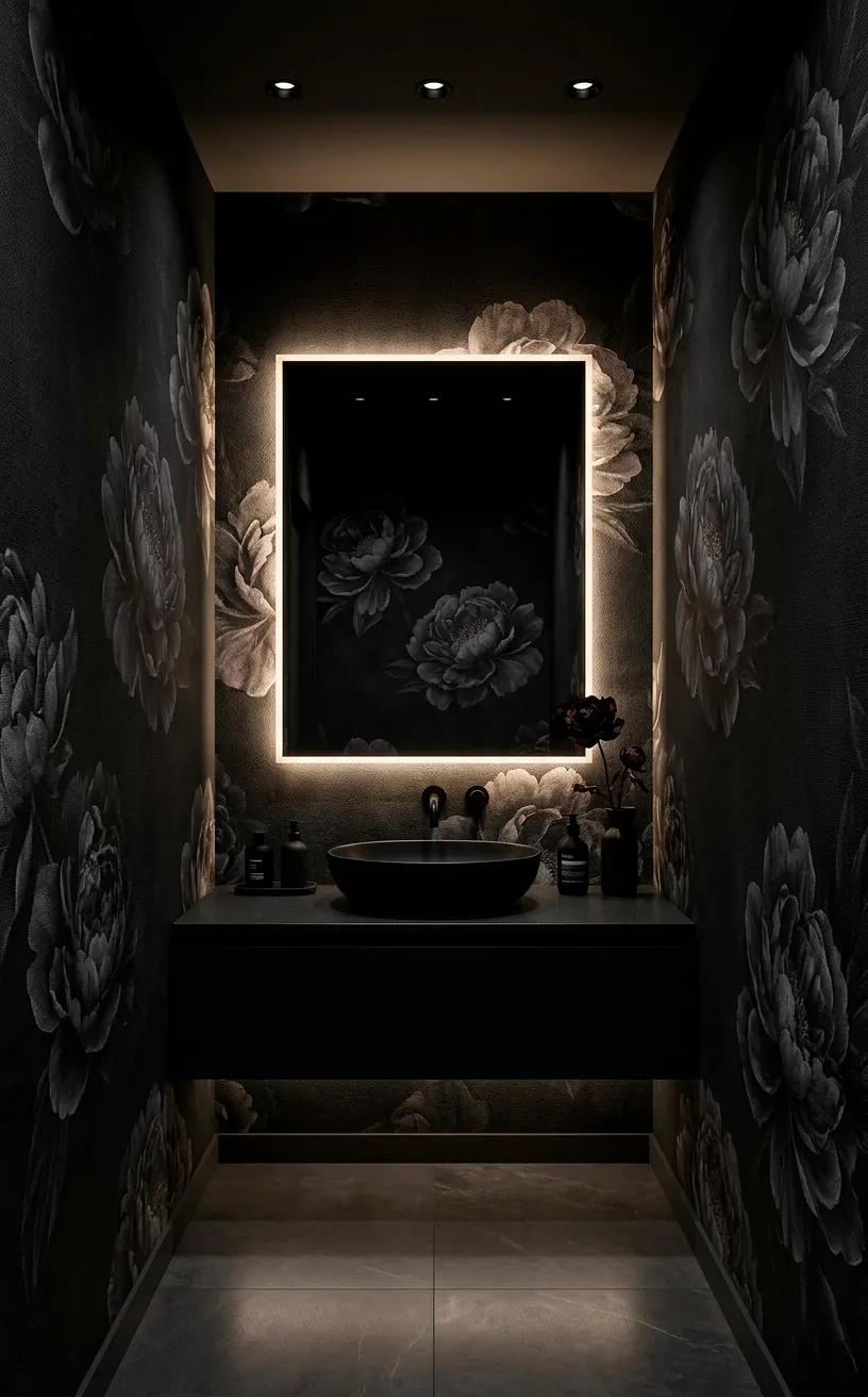Noir peony wallpaper in a dramatic black bathroom with a backlit LED mirror.