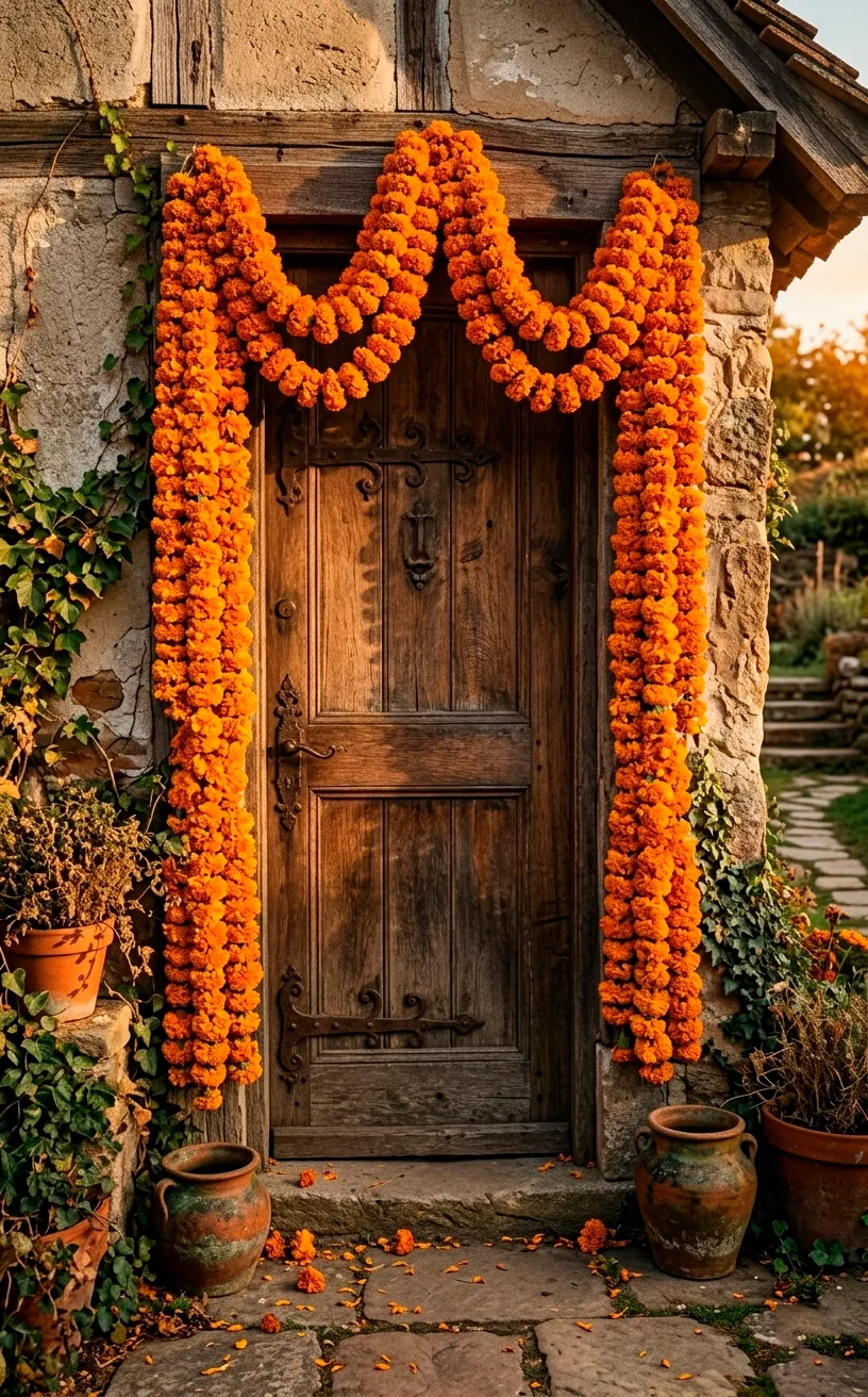 Bright orange dried marigold garlands draped over a front door.