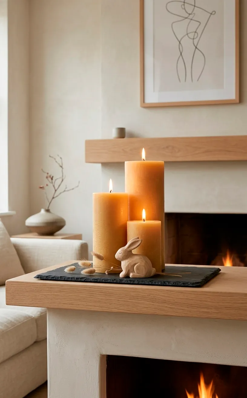 Natural beeswax pillar candles on a slate slab on a fireplace mantel, warm spring evening.
