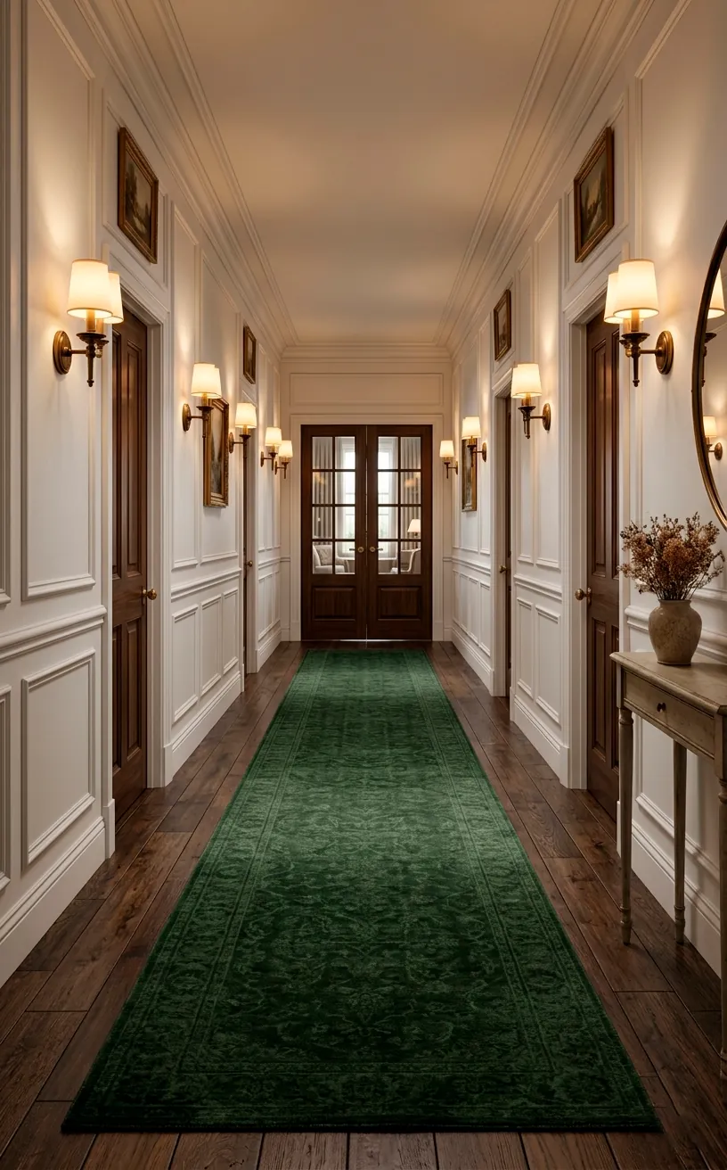 Elegant hallway with a long plush forest green runner rug and wall sconces.