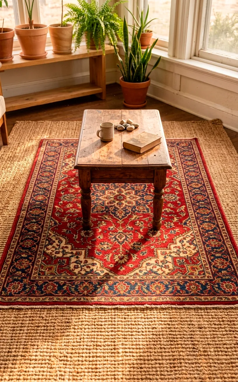 Layered Persian and jute rugs on a sunroom floor with a vintage table.