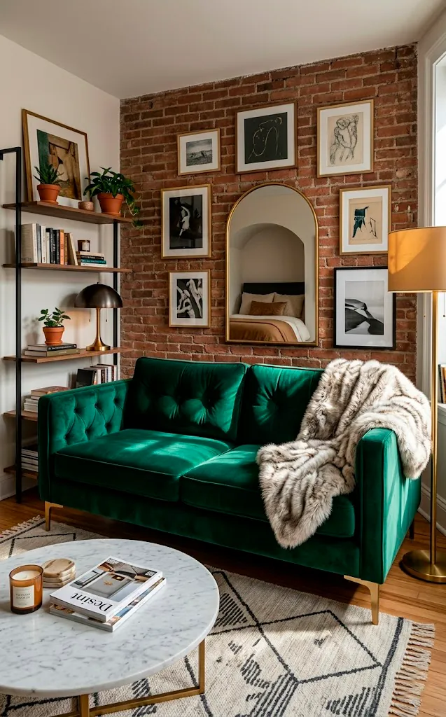 A glamorous emerald green velvet sleeper sofa with gold legs in a stylish studio.