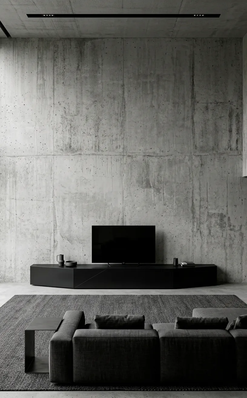 Matte black TV console against a raw concrete accent wall.