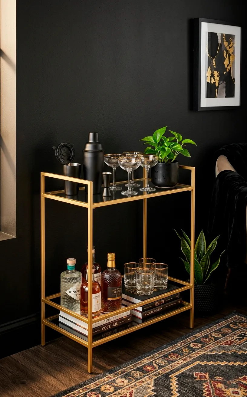Two-tiered gold bar cart with black and gold barware in a moody living room corner.