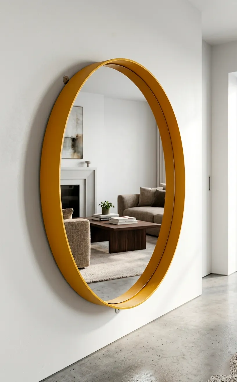 Large round mirror with a mustard yellow frame hanging in a minimalist hallway.