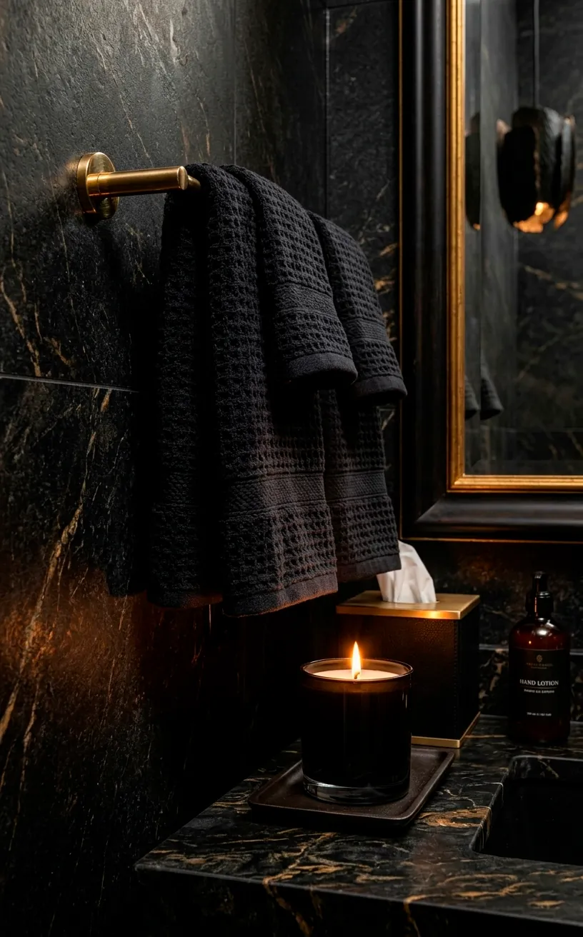 Luxury black towels and a scented candle in a dark powder room.