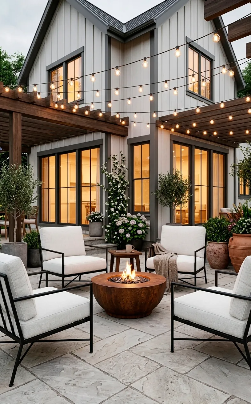 Modern black steel patio furniture with white cushions on a stone patio.