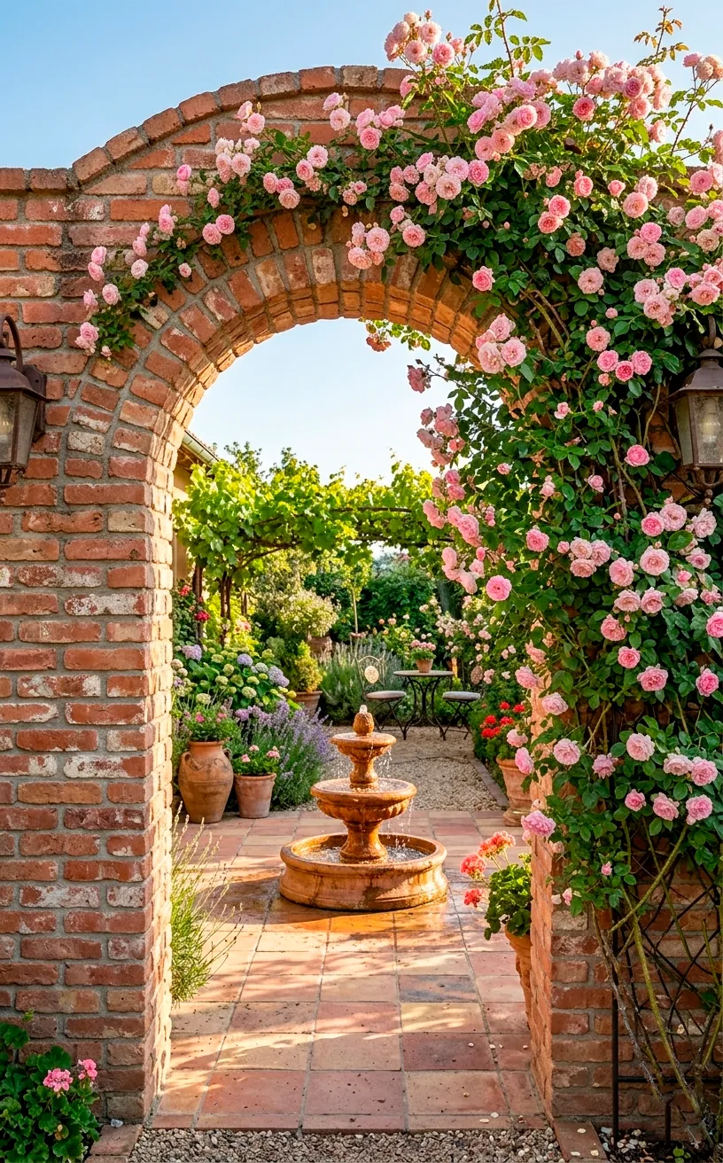 Terracotta brick archway covered in roses leading to a sun-drenched patio.