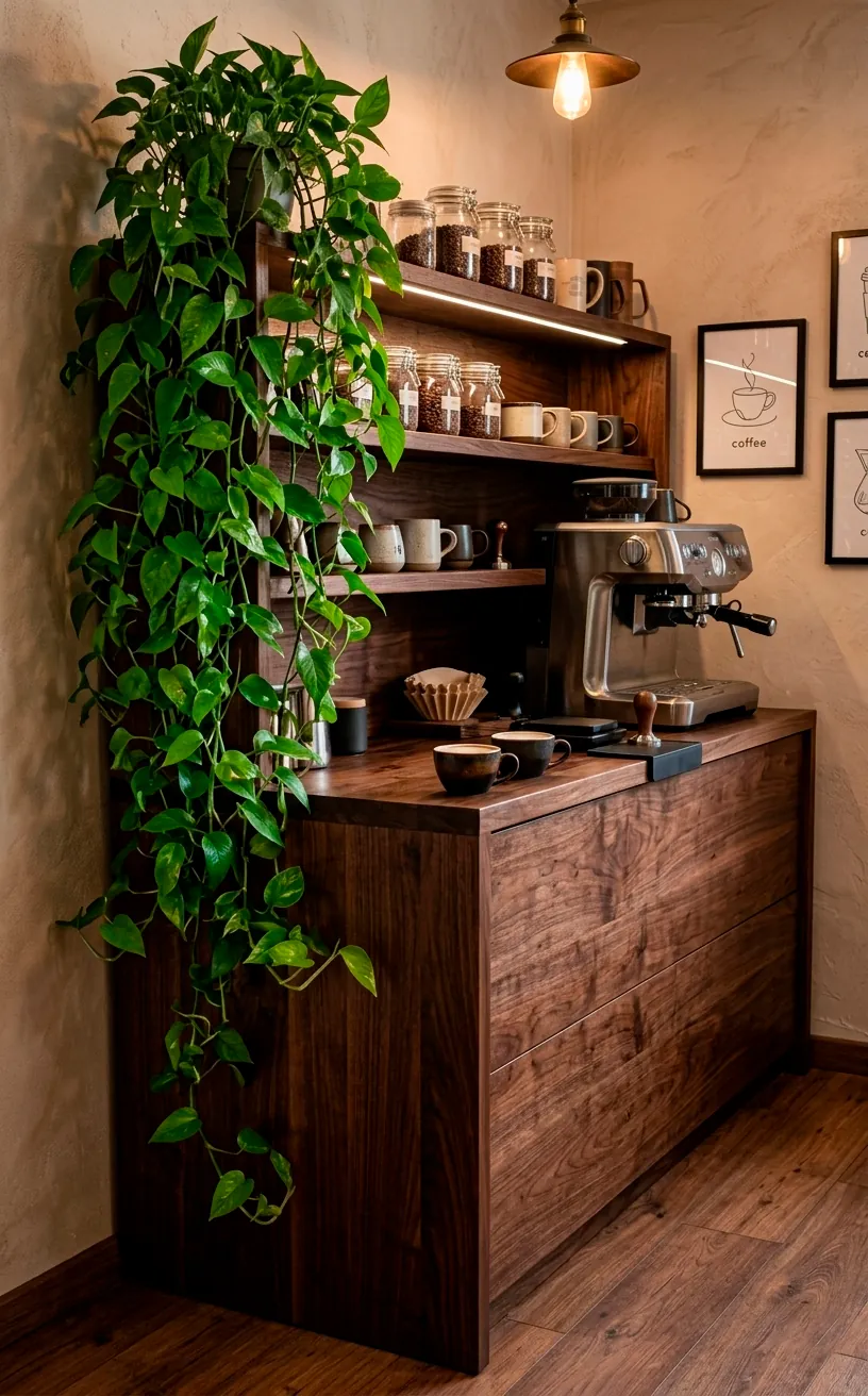 Dark walnut coffee bar decorated with lush green trailing plants.