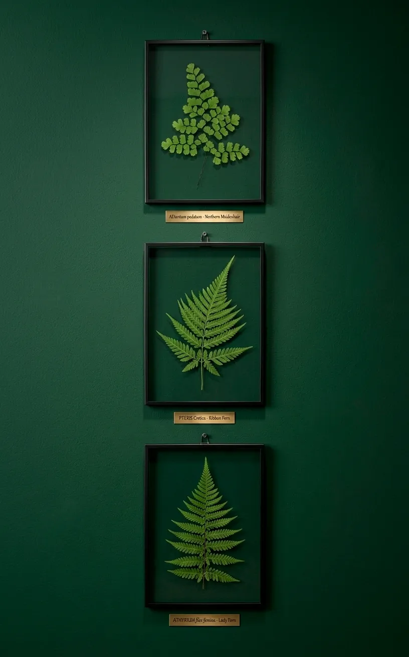 Trio of floating frames with pressed ferns on a dark green wall.