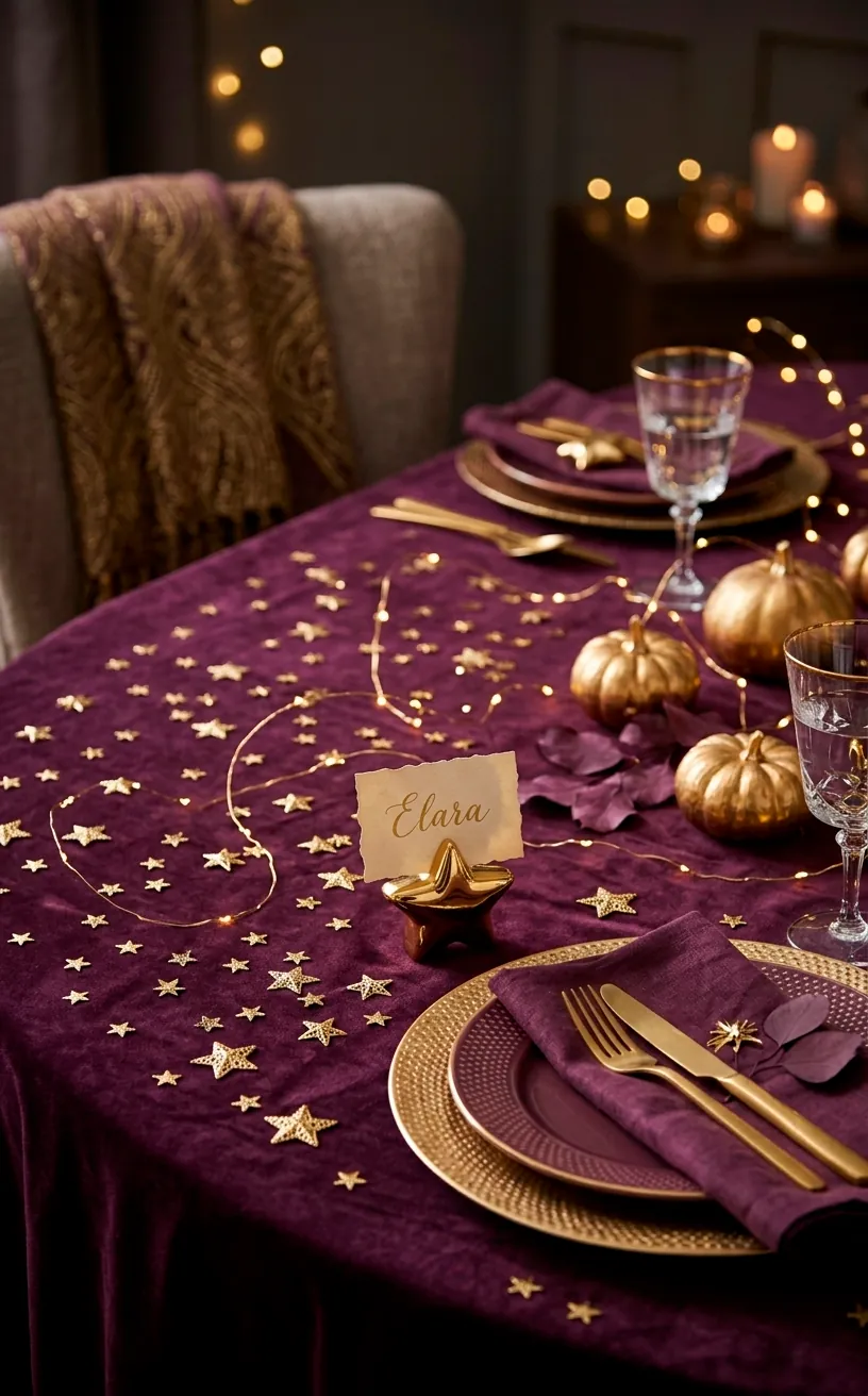 Celestial Thanksgiving table with plum cloth and gold star decorations.