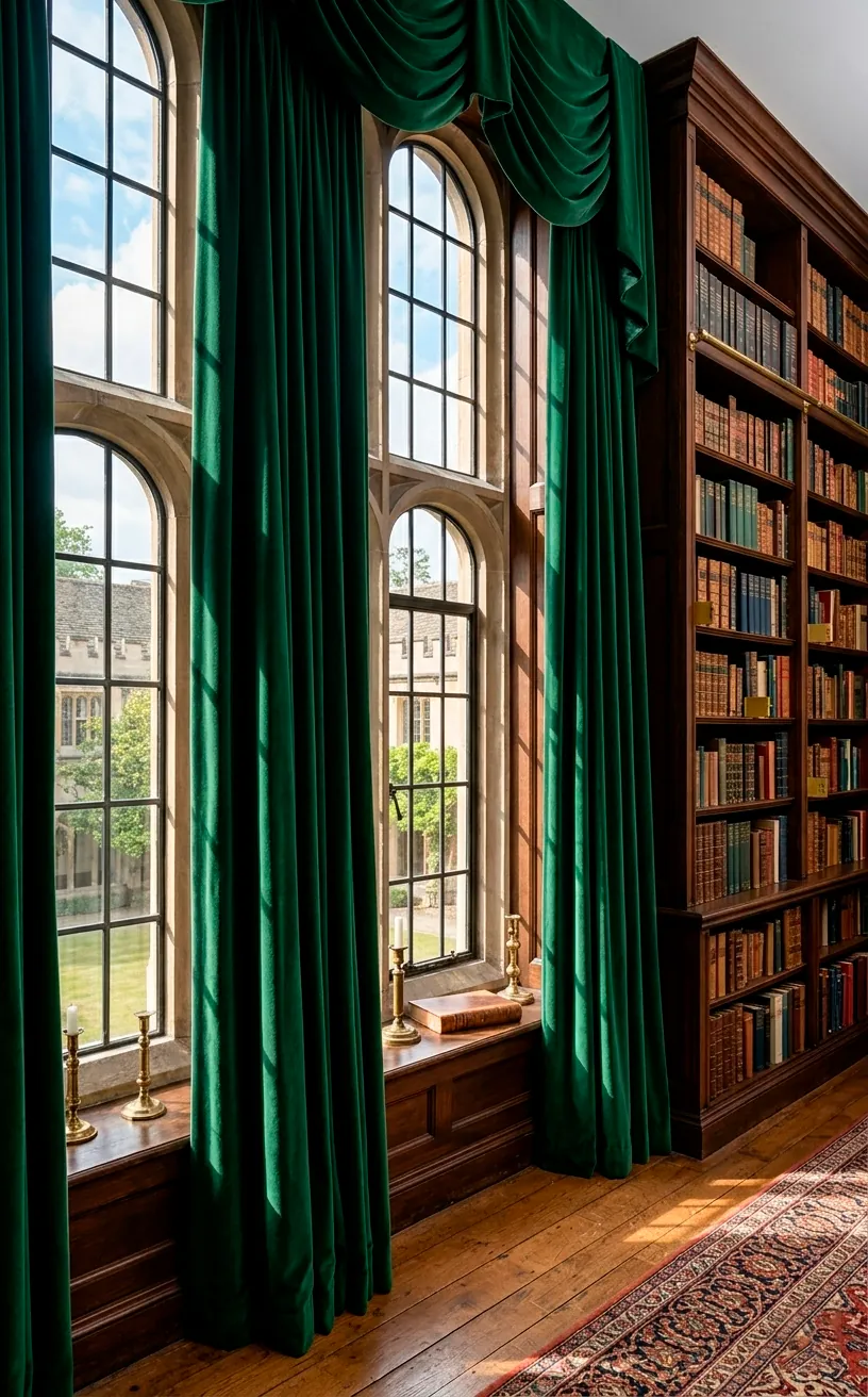 Tall emerald green velvet curtains in a grand home library with sunlight.