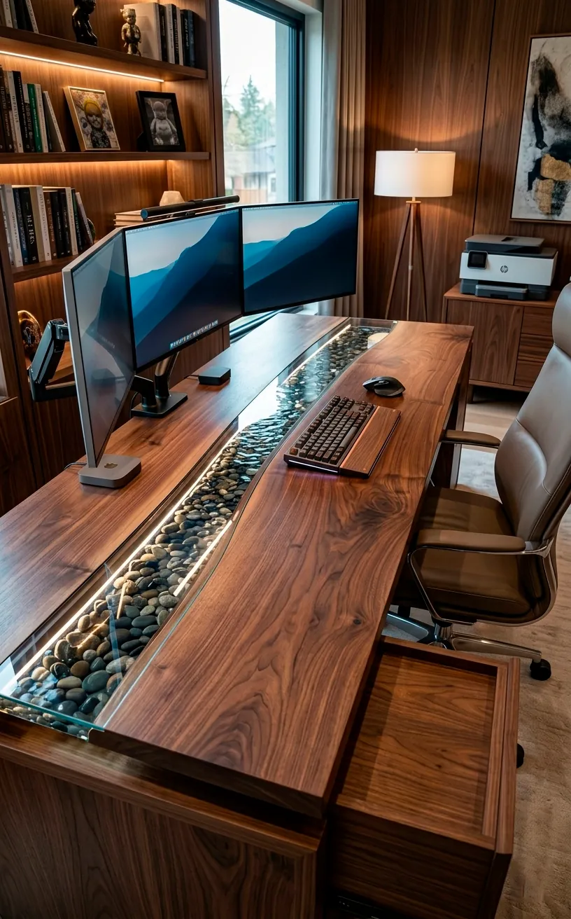 Custom walnut desk with an integrated glass water rill and high-end office technology.