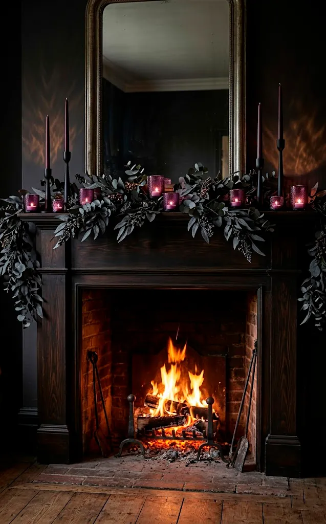 Fall mantel decor with charcoal garland and plum glass accents.