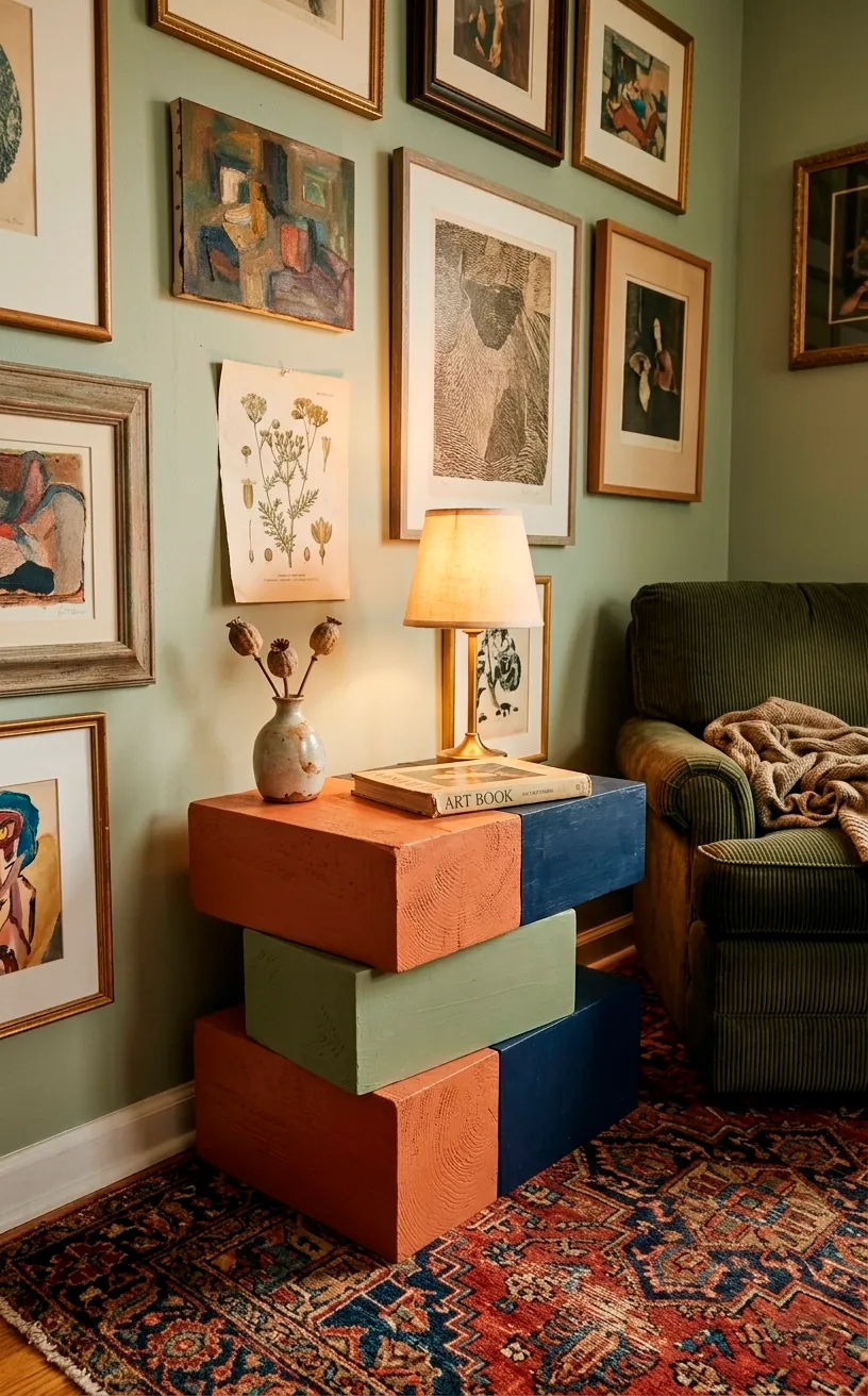 Asymmetric color-blocked side table with terracotta and navy sections in an artsy studio.