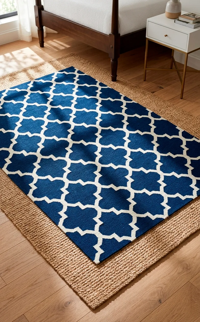 Layered rugs with a navy geometric pattern over a natural jute rug.