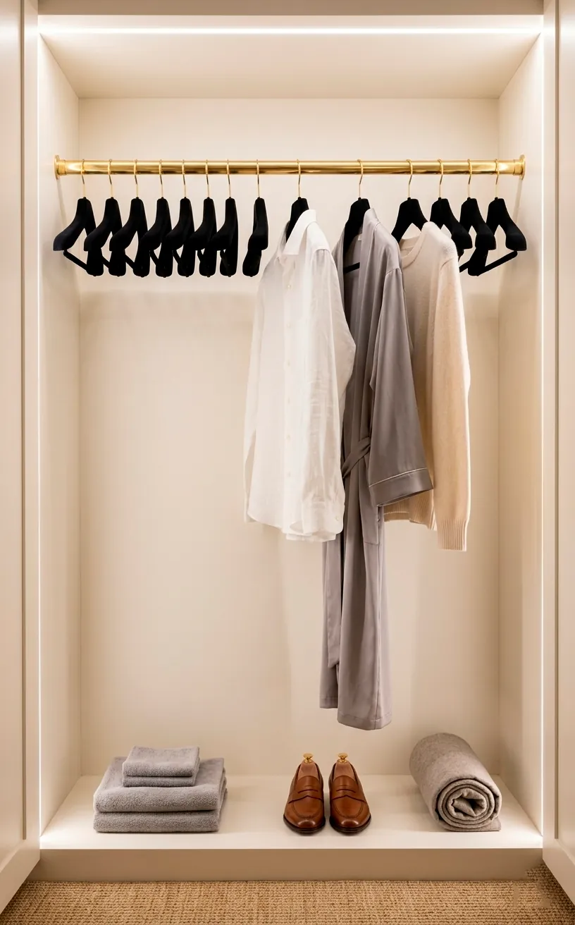 Uniform black velvet hangers on a brass rod in an organized guest closet.