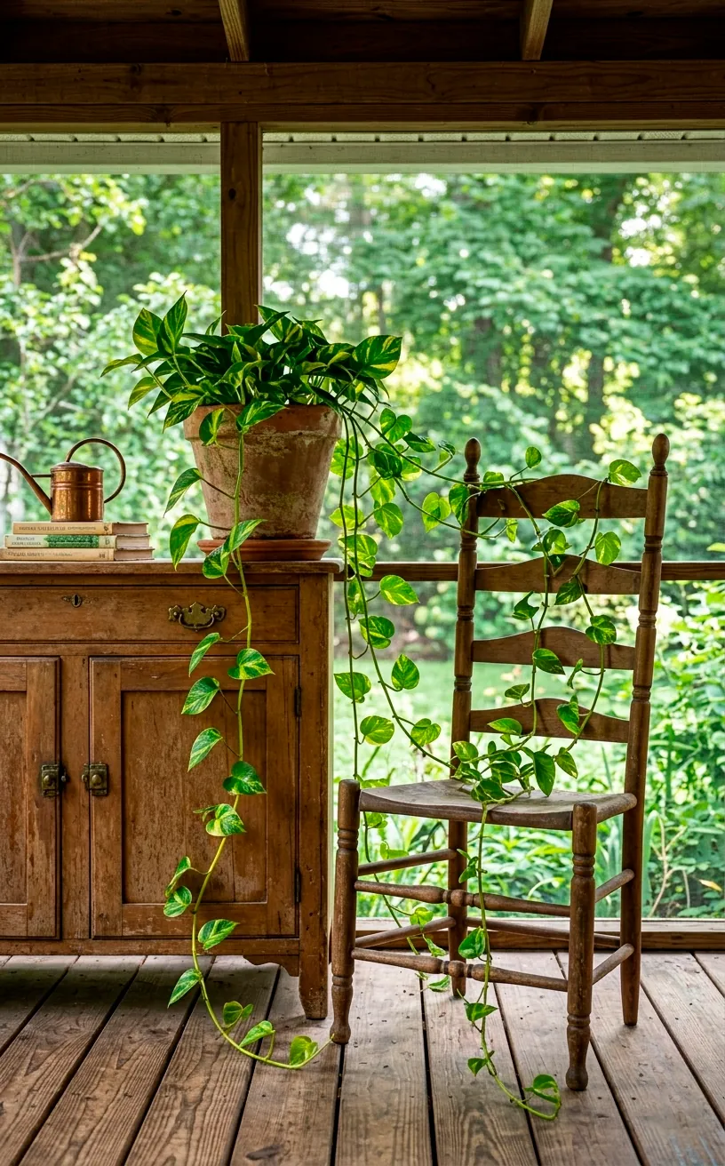 Trailing Golden Pothos on a porch cabinet.